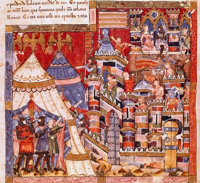 Trojan War: byen Troja og den greske leiren. Detalj av en miniatyr fra det spanske manuskriptet "Codex Benito de Santa Mora"" av Spanish School