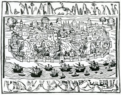 Utsikt over Lisboa fra Book of Greatness and Memorable Things of Spain av Pedro Medina, 1548 av Spanish School