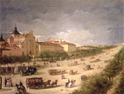 Utsikt over Calle de Alcala, Madrid (olje på lerret) av Spanish School