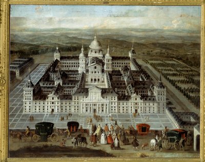 Utsikt over Escorial Palace i Spania bygget av Philip II på 1500-tallet. Anonymt spansk maleri fra 1600-tallet. Olje på lerret. Mål: 1,89 x 2,41 m. av Spanish School