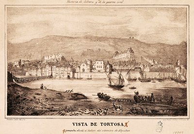 Utsikt over byen Tortosa i Spania, i "History of Cabrera and the Civil War" av Damaso Calbo og Rochina de Castro av Spanish School