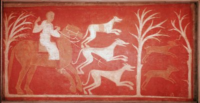 jaktscene som viser hunder som løper etter spill. 1150. Freske fra eremitasjen til Baudelio de Berlanga, Soria. Bevare på Prado-museet. av Spanish School