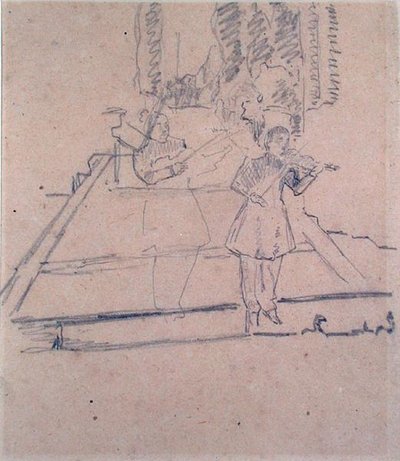 The Musicians at the Footlights, ca. 1910 (blyant på buff-papir) av Spencer Frederick Gore