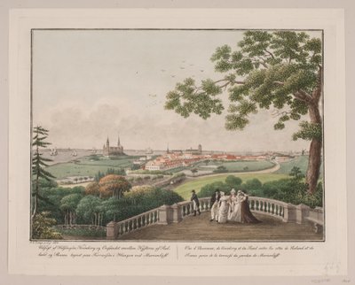 Utsikt over Helsingør, Kronborg og Øresund mellom kysten av Sjælland og Skåne. Skiltet på terrassen i henget på Marienlyst av Søren L. Lange