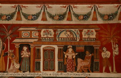 Veggmaleri som viser et singalesisk hus i Subodharama-tempelet, Dehiwala (veggmaleri) av Sri Lankan School