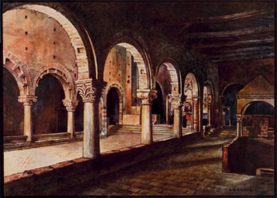 Italienske katedraler: Toscanella, utsikt over skipet til San Pietro (farge litho) av Stafford Leake