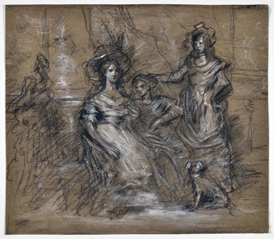 Studie av tre kvinner og en hund (tegning) av Stanislas Torrents y de Amat