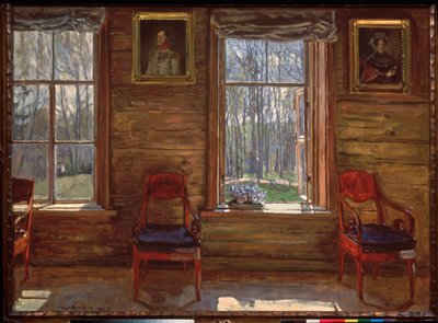 God mai. (Utsikt over en solrik skog, gjennom vinduene i et landsted, dekorert med malte portretter og gardiner). Maleri av Stanislav Yulianovich Zhukovsky (Zhukovsky) (1873-1944), olje på lerret av Stanislav Joulianovitch Joukovski