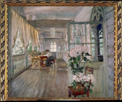 Terrasse til et herskapshus. Maleri av Stanislav Yulianovich Zhukovsky (Zhukovsky) (1873-1944), olje på lerret. russisk kunst av Stanislav Joulianovitch Joukovski