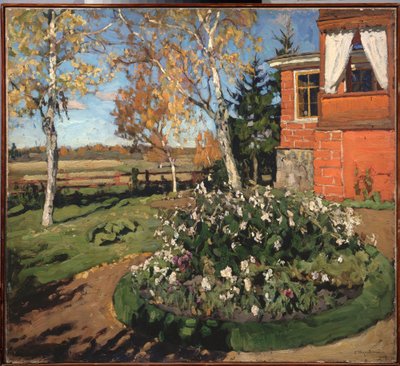 Et blomsterbed. (Foran et hus og et landlig landskap). Maleri av Stanislav Yulianovich Zhukovsky (Zhukovsky) (1873-1944), olje på lerret av Stanislav Joulianovitch Joukovski
