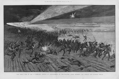 Slaget ved Alexandrovno, forestilt kampscene i en krig mellom Russland og Tyskland ved bruk av elektrisk lys for å belyse slagmarken om natten (litho) av Stanley L. (after) Wood