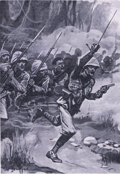 Briter som anklager Ashantis ved Amoaful, 31. januar 1874, illustrasjon fra British Battles on Land and Sea, 1915 av Stanley L. Wood