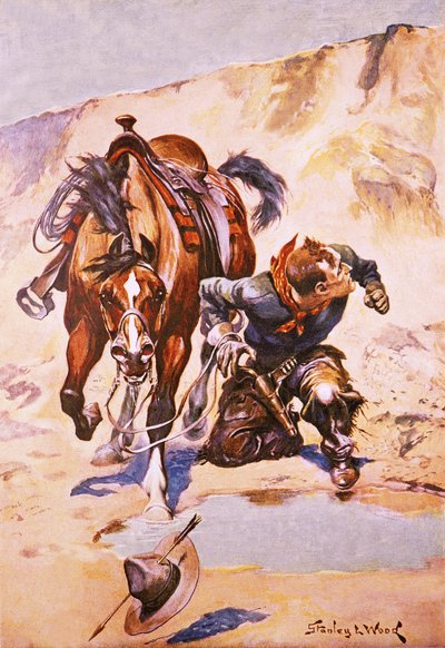Cowboy forfulgt av indianere. av Stanley L. Wood