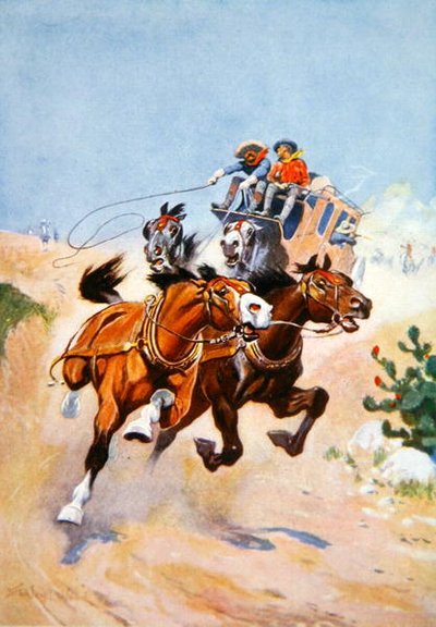 Diligens forfulgt av indianere (farge litho) av Stanley L. Wood