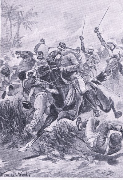 Frivillig kavaleri utenfor Lucknow, 30. juni 1857, illustrasjon fra British Battles on Land and Sea, 1915 av Stanley L. Wood