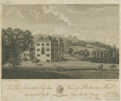 Butterton Hall: gravering, og [1700-tallet] av Stebbing Shaw