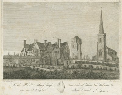 Hamstall Ridware - kirke og herregård: gravering, nd [1762-1802] av Stebbing Shaw