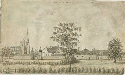 Hamstall Ridware - kirke og herregård: vannfargemaleri, nd [1762-1802] av Stebbing Shaw