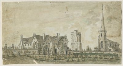 Hamstall Ridware - kirke og herregård: vannfargemaleri, nd [1762-1802] av Stebbing Shaw