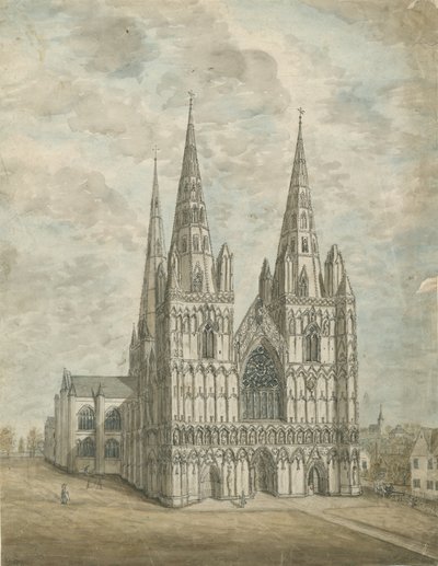 Lichfield Cathedral - West Front: akvarellmaleri, nd [1762-1802] av Stebbing Shaw