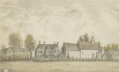 Pipe Ridware kirke og herregård: vannfargemaleri, nd [1762-1798] av Stebbing Shaw