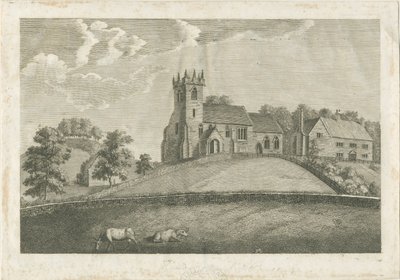 Sandon kirke og prestegård: gravering, nd [1797] (trykk) av Stebbing Shaw