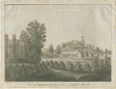 Shenstone Church and Village: akvatintgravering, 1792 av Stebbing Shaw