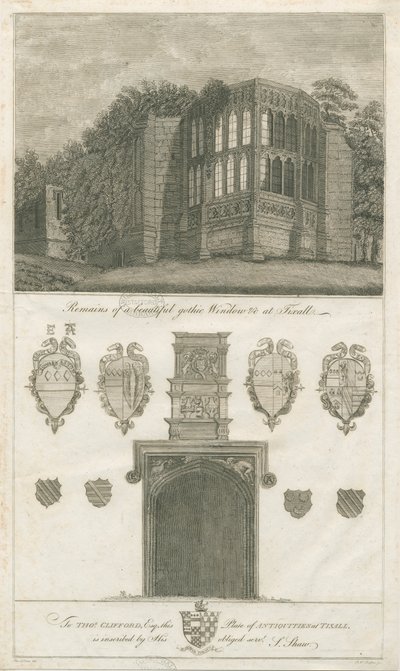 Tixall Hall - Gotisk vindu og heraldiske antikviteter: gravering, nd [1762-1802] (trykk) av Stebbing Shaw
