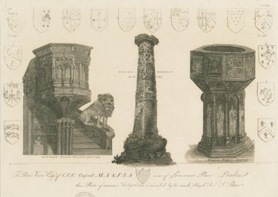 Wolverhampton - Prekestol, søyle og font i St. Peters kirke: gravering, nd [c 1798] (trykk) av Stebbing Shaw