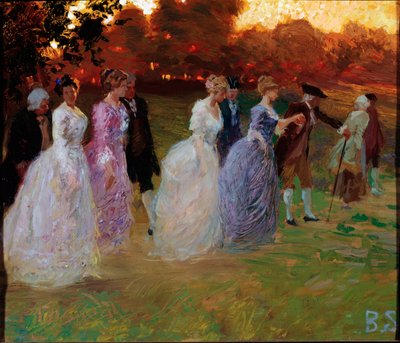 Retur av palasset Elegante unge mennesker som vender tilbake fra en verdslig begivenhet (fest eller mottakelse) (Return from the palace) Maleri av Stefano Baghino (1881-1920) gener, Galleria d'Arte Moderna av Stefano Baghino