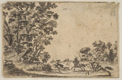 Plate 4: en rådyrjakt, to ryttere galopperende mot høyre bak tre hunder og ..., etter 1642. Skapere: Stefano della Bella, Ukjent. av Stefano della Bella