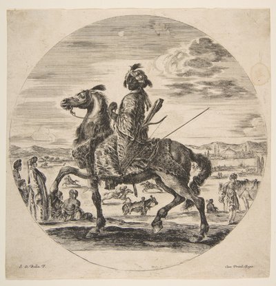 En maurisk rytter vendt mot venstre, stående og sittende tyrkere i mellomgrunnen, en..., ca. 1651. av Stefano della Bella