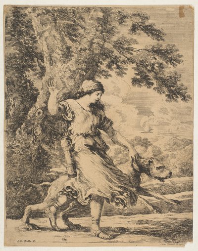 En nymfe som holder en stor hund i halsbåndet, ca. 1654. av Stefano della Bella