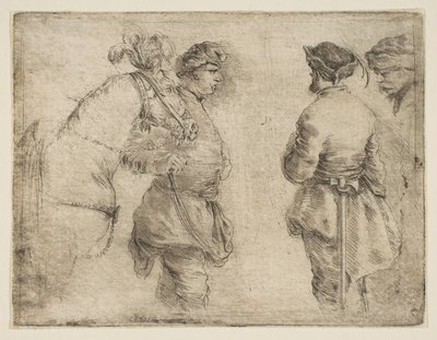 En stang som leder en hest ved hodelaget og snakker med to andre menn, ca. 1662. av Stefano della Bella