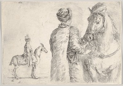 En polsk betjent, sett bakfra, holder hodelaget til en hest mot høyre, en polsk hor..., ca. 1662. av Stefano della Bella