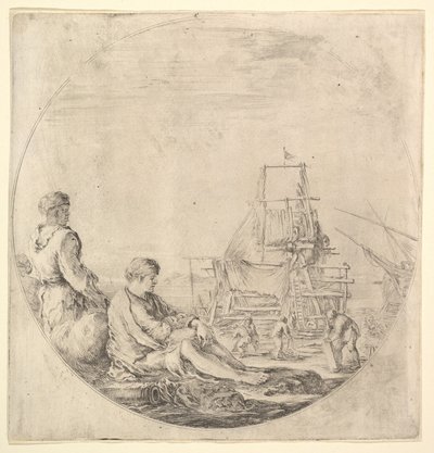 En svart sjømann stående til venstre, i profil til høyre, en hvit sjømann sittende i ..., ca. 1658-63. av Stefano della Bella