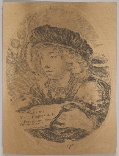 En byste av en ung mann iført en lue med fjær, dreide tre fjerdedeler til venstre, ..., 1650. av Stefano della Bella
