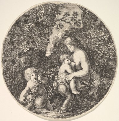 En kvinnelig satyr som ammer et barn til høyre, vendt mot venstre, et satyrbarn..., 1639. av Stefano della Bella