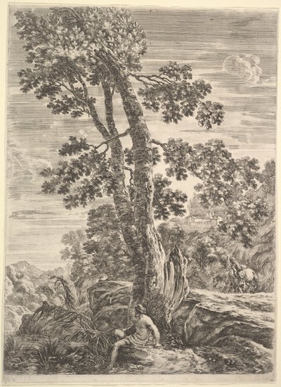 En fisker i midten vendt mot venstre og lent mot et stort tre, en kvinne som går..., ca. 1652-57. av Stefano della Bella