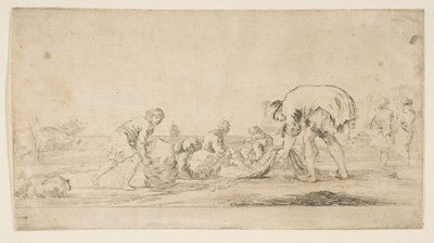 En fisker som henter inn garnene sine, en mann til venstre som skyver en ball til høyre, to seter..., ca. 1662. av Stefano della Bella
