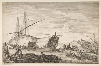 En bysse dekket av seil til venstre, seks kanoner og fire personer til venstre i forgrunnen, en ..., 1655. av Stefano della Bella