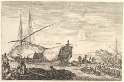 En bysse dekket av seil til venstre, seks kanoner og fire personer til venstre i forgrunnen..., ca. 1652-57. av Stefano della Bella