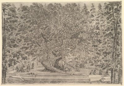 Et stort bebodd tre i sentrum med ramper som fører rundt stammen, under en steinpa..., ca. 1653. av Stefano della Bella