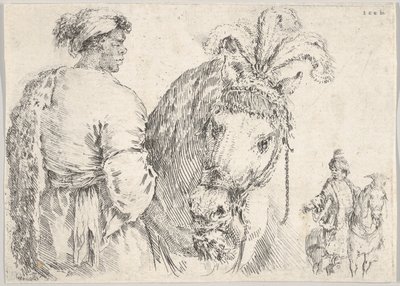 En mann til venstre i profilen gir en håndfull høy til en hest i midten, en rytter til t..., ca. 1662. av Stefano della Bella