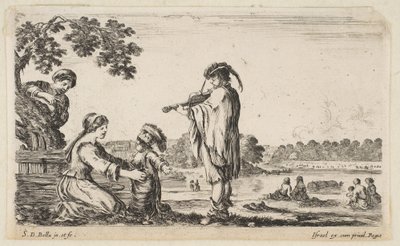 En mann som spiller fiolin i midten, snudd mot venstre i profil, en sittende kvinne til ..., 1649. av Stefano della Bella