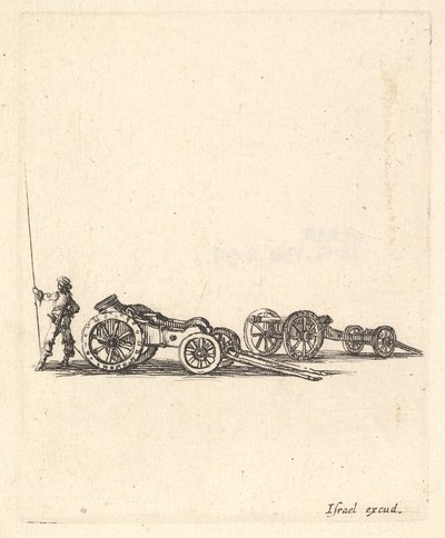 En morter og en kanon, begge montert på vogner, en soldat vist fra bakre sta..., ca. 1638-43. av Stefano della Bella