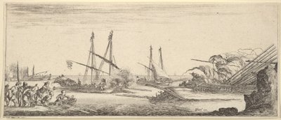 Et sjøslag, en robåt full av menn til venstre, et synkende skip til høyre, to bysser ba..., ca. 1641. av Stefano della Bella