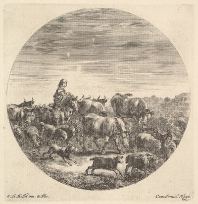 En bondekvinne satt på en hest til venstre, vendt mot høyre, omgitt av en flokk fc..., ca. 1643-48. av Stefano della Bella
