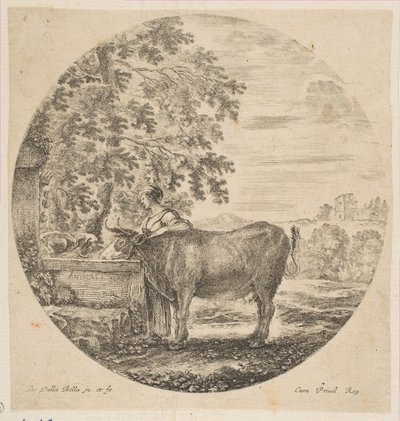 En bondekvinne med en ku ved en fontene dekorert med Medici-armene, fra Six ani..., ca. 1646. av Stefano della Bella