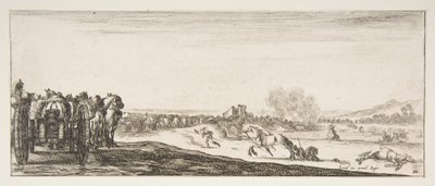 En prosesjon av hestetrukne kanonvogner til venstre, ryttere i kamp og en død ho..., ca. 1641. av Stefano della Bella